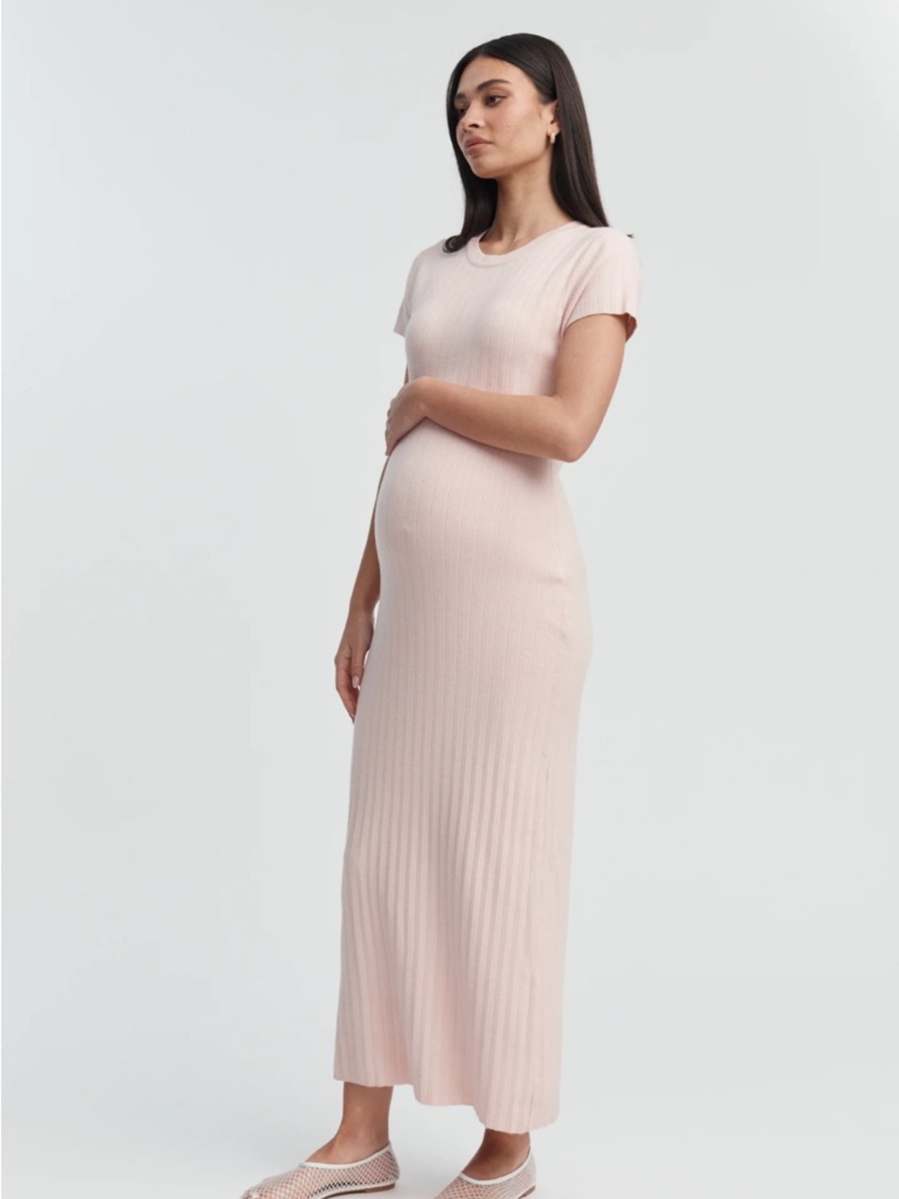 Rib-Knit Short Sleeve Maxi Dress in Blush Pink